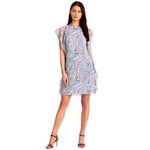 Lauren Ralph Lauren Blue And Purple Paisley Ruffle Detail Mini Shift Dress 8P‎